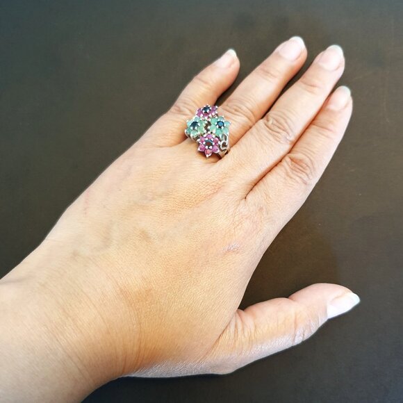 One-of-a-Kind Vintage Natural Emerald, Ruby & Sapphire 925 Silver Statement Ring - Picture 7 of 14